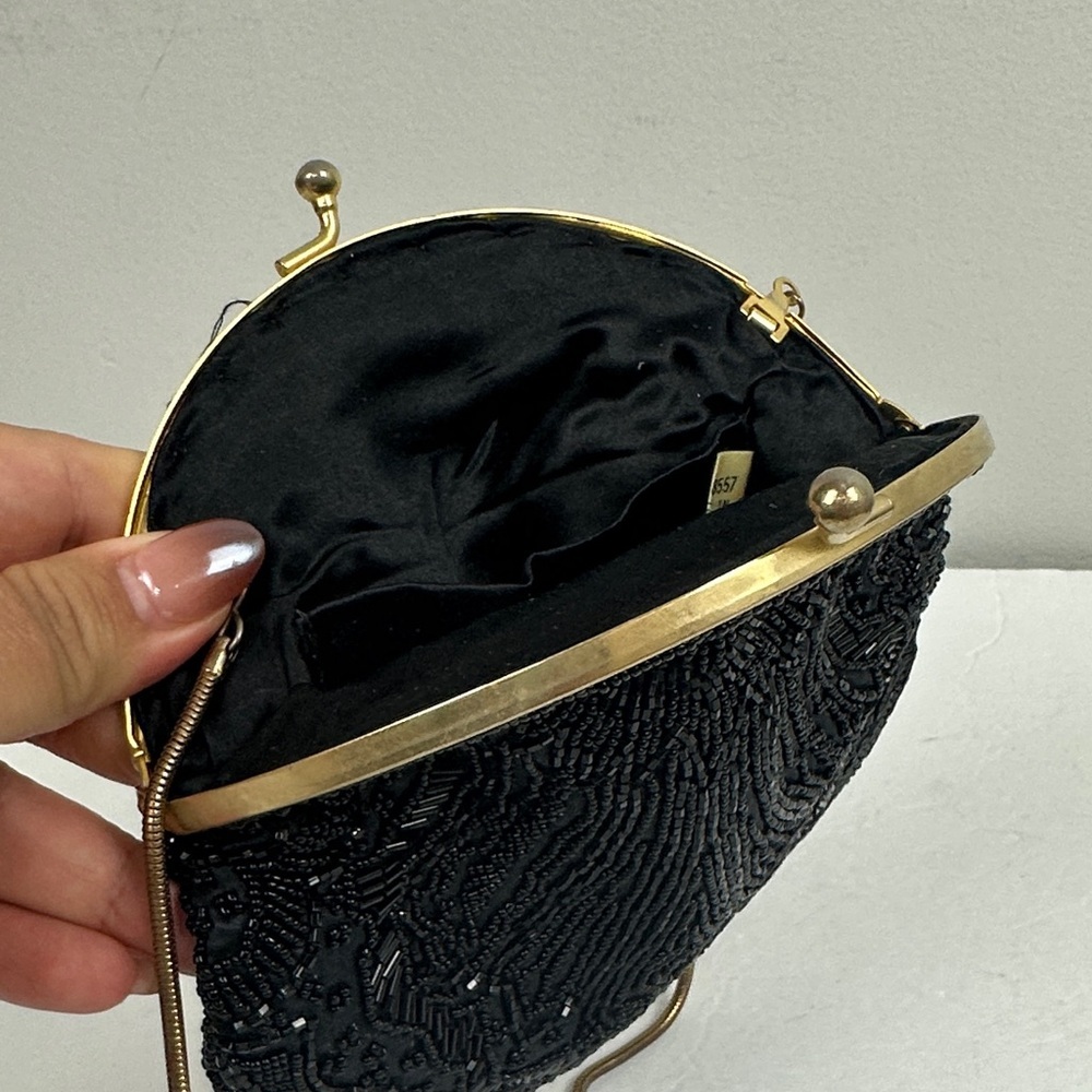 Vintage Black Silk Beaded Kiss Lock Clutch Purse - Picture 3 of 12